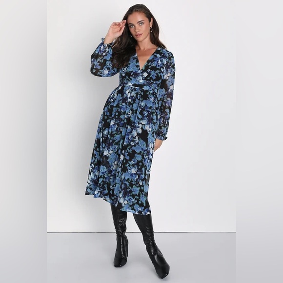 Lulu’s Impressive Charm Black Multi Floral Print Long Sleeve Midi Dress - Picture 3 of 9